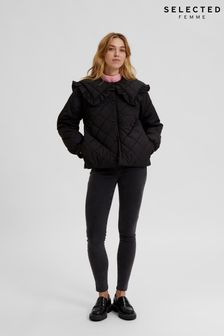 Selected Femme Frulla Black Frill Collar Quilted Jacket
