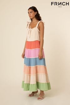 Frnch Cream/Multicolour Tiered Tie Strap Maxi Dress
