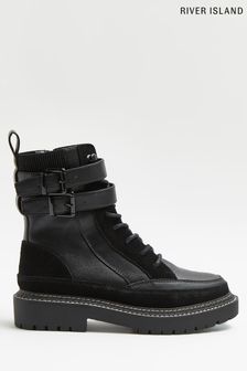River Island Black Ankle Strap Chunky Boots