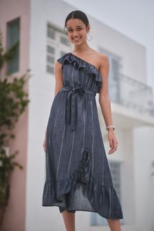Navy Blue/Silver Stripe Frill Detail Off Shoulder Tencel™ Dress (A68503) | £40