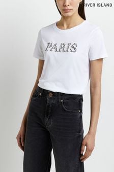 River Island White Ss Paris Beaded Easy Fit T-Shirt