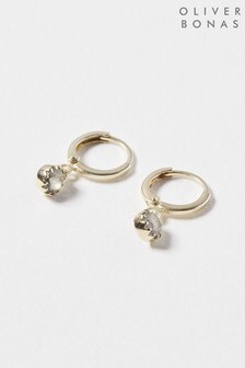 Oliver Bonas Grey Alula Round Labradorite Drop Labradorite, Gold Plated Brass Huggie Earrings