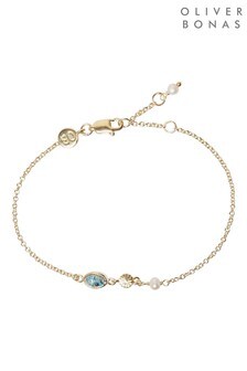 Oliver Bonas Blue Frisco Double Stone And Engraved Disc Turquoise, Pearl, Gold Plated Brass Bracelet