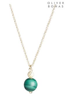 Oliver Bonas Green Abrial Engraved Disc And Sphere Stone Gold Plated Brass Necklace