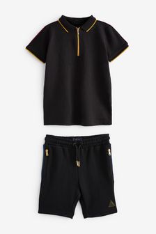 Black Rainbow Tape Zip Neck Polo Shirt And Shorts Set (3-16yrs) (A71591) | £20 - £28