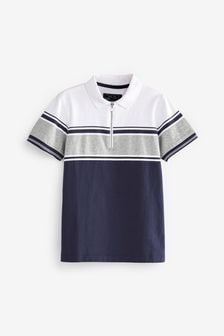 Navy Blue/Grey Colourblock Short Sleeve Zip Neck Polo Shirt (3-16yrs) (A71652) | £15 - £20