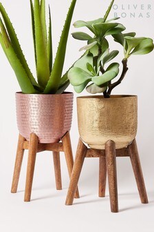 Oliver Bonas Metal Planter With Wooden Stand