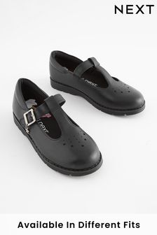 Black Wide Fit (G) Leather Junior T-Bar School Shoes (A73596) | £24 - £30