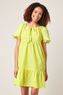 Short Sleeve Broderie Mini Kaftan Summer Dress