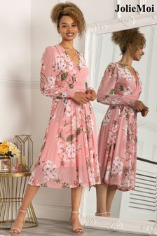 Jolie Moi Pink Jasmine Long Sleeve Mesh Dress (A73941) | £89