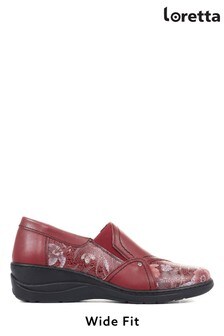Loretta Ladies Red Wide Fit Floral Leather Shoes