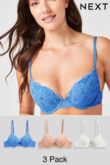 Blue/White/Nude Push Up Plunge Lace Bras 3 Pack (A75972) | £36
