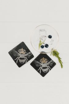 The Just Slate Company 2 Pack Natural Gold Leaf Crowned Bee Coasters