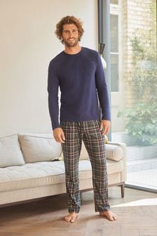 Mens Soft Long Sleeved Thermal Fleece Top Check Pant Pyjamas Set 