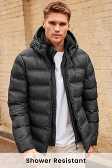 Black Shower Resistant Hooded Heatseal Padded Jacket (A78022) | £75