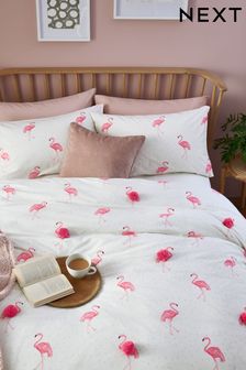 Pink Flamingo Pom Poms Duvet Cover and Pillowcase Set