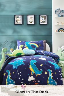 Navy Blue Kids Glow-In-The-Dark Party Dino Duvet Cover And Pillowcase Set