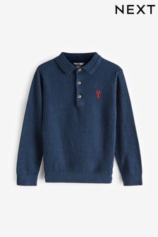 Navy Blue JuzsportsShops Long Sleeve Knitted Plain Polo Shirt (3-16yrs) (A81254) | £15 - £20