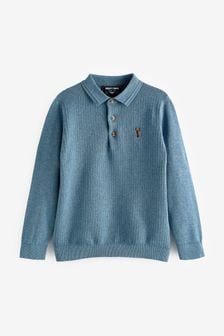 Blue Atelier-lumieresShops Long Sleeve Knitted Plain Polo Shirt (3-16yrs) (A81255) | £15 - £20