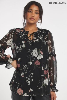 JD Williams Black Floral Print Pleated Ruffle Neck Blouse