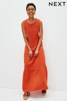 Red Cotton Sleeveless Crew Neck Tiered Maxi Dress (A82571) | £26