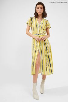 French Connection Gaia Delphine Green and Navy Striped V-Neck Dress