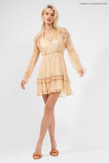 French Connection Callie Natural Crinkle Ruffle Peach Mini Dress
