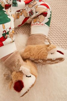 Tan Brown Reindeer Slip-On Baby Booties (0-18mths) (A83937) | £8