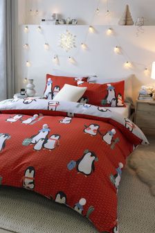 Red Christmas Pom Pom Penguins Duvet Cover and Pillowcase Set (A83946) | £25 - £55