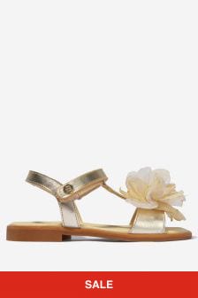 Andanines Girls Leather Flower Sandals in Gold