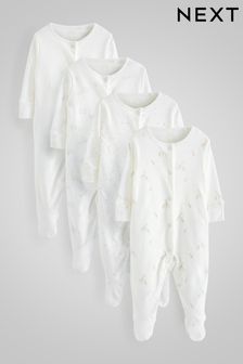 Delicate White 4 Pack Baby Printed Sleepsuits (0-2yrs) (A85584) | £18 - £20