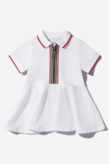 Burberry Kids Baby Girls Cotton Check Placket Polo Dress in White