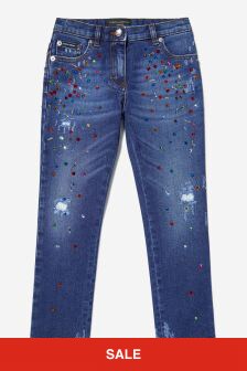 Dolce & Gabbana Kids Girls Cotton Worn Look Embellished Jeans