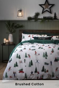 White/Green Ski Scene 100% Cotton Supersoft Brushed Christmas Patterned Duvet Cover and Pillowcase Set (A87440) | £35 - £65
