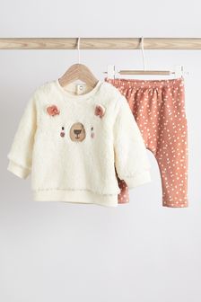 Cream Cream Baby Fleece Bear Jumper And Printed Leggings Set (0mths-2yrs) (A87806) | £14 - £16