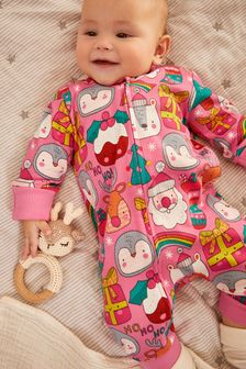 Pink Festive Rib Baby Christmas Single Zip Sleepsuit (0-3yrs) (A89064) | £8 - £9