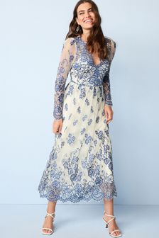 Blue/Cream Long Sleeve Lace Midi Dress (A90290) | £90