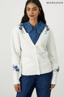 Monsoon Natural Short Button Through Embroidered Cardigan