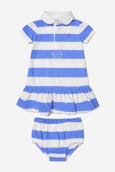 Ralph Lauren Kids Baby Girls Cotton Rugby Stripe Dress With Knickers in Blue