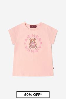 Aigner Girls Cotton Bear Logo Print T-Shirt in Peach
