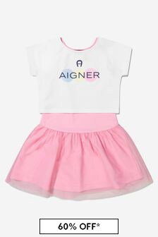 Aigner Girls Cotton Logo Print Dress in Pink