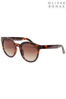 Oliver Bonas Womens Brown Preppy Round Faux Tortoiseshell Sunglasses