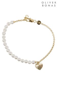 Oliver Bonas Farah White Heart Charm And Pearl Chain Mix Gold Plated Brass Bracelet
