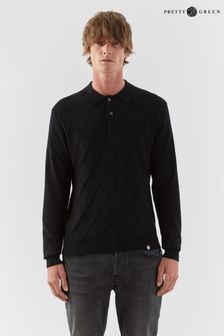 Pretty Green Black Beck Diagonal Knit Long Sleeve Polo Shirt (A93268) | £100