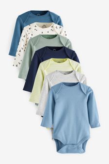 Teal Blue/Green 7 Pack Long Sleeve Baby Bodysuits (A94311) | £20 - £24