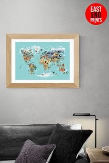 East End Prints Tan Brown World Map of Animals Print by Dieter Braun