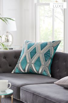 Teal Blue Collection Luxe Geometric Cut Velvet Square Cushion