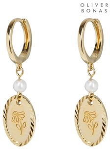 Oliver Bonas Gold Plated Amias Oval Flower Engraving And Pearl Drop Earrings