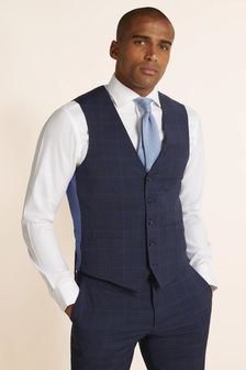 Moss Bros Blue Tailored Fit Check Stretch Waistcoat