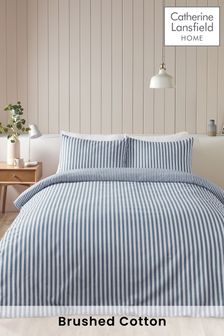 Catherine Lansfield Chambray Blue Brushed 100% Cotton Stripe Duvet Cover Set